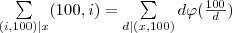 \sum\limits_{(i,100)|x} (100, i) = \sum\limits_{d|(x,100)} d\varphi(\frac{100}{d})