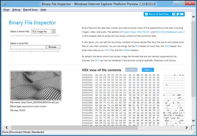 Screen shot of IE Test Drive demo Binary File Inspector showing a hex dump of a PCX file and a rendering of that file using HTML5 <a href=