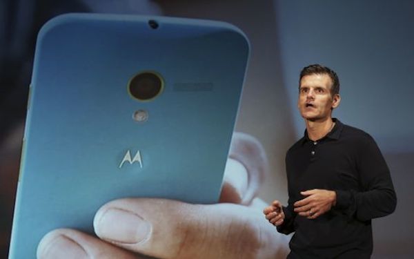 Motorola Mobility CEO Woodside talks during the worldwide presentation of the Moto G mobile phone in Sao Paulo