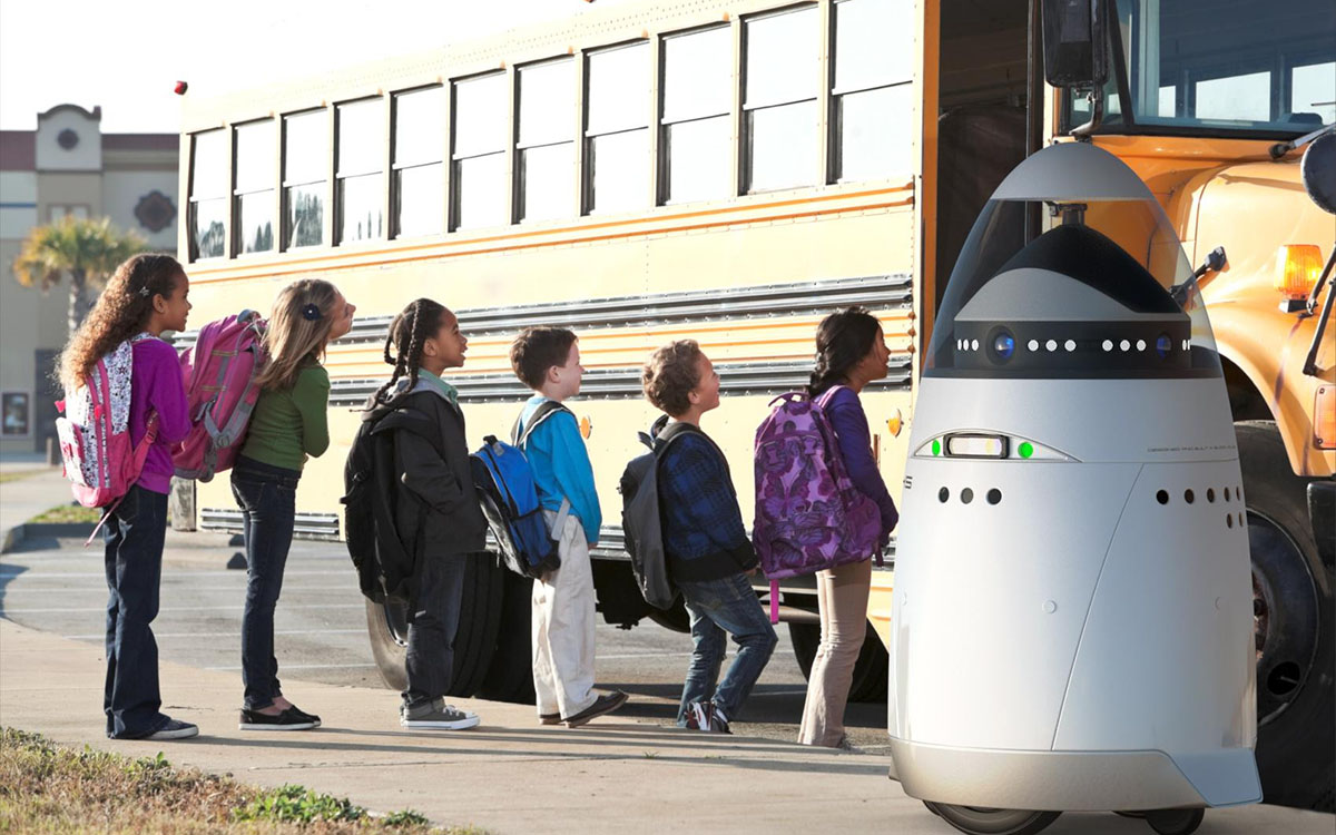 childern and robot and school bus